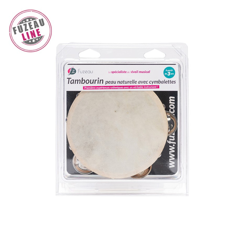 TAMBOURIN FUZEAU PEAU NATURELLE + 8 CYMBALETTES SOUS BLISTER
