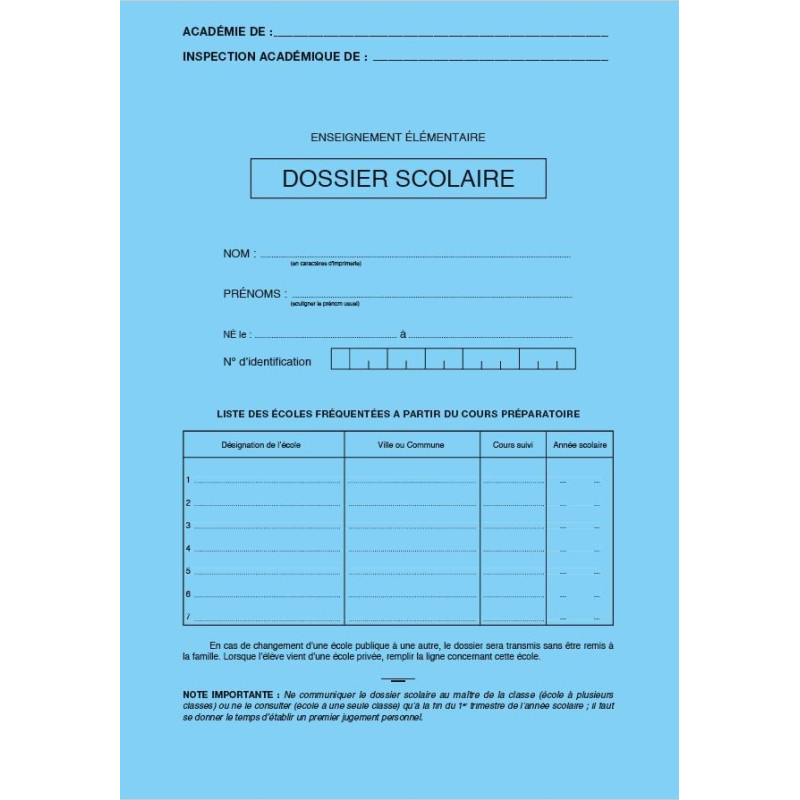 DOSSIER SCOLAIRE BLEU - IMPRIME PRIMAIRE