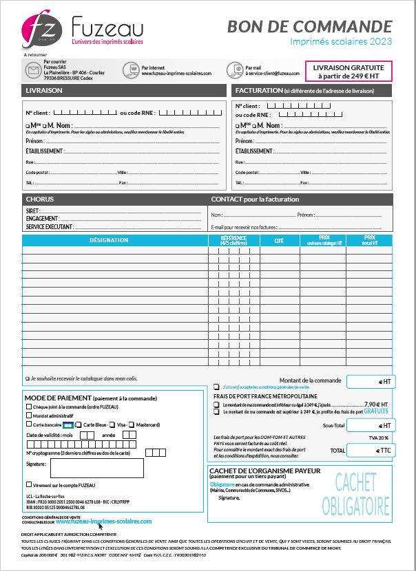 BON DE COMMANDE FUZEAU IMPRIMES SCOLAIRES 2023