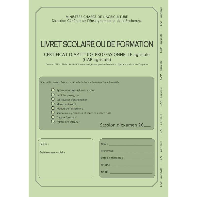 LIVRET SCOLAIRE OU LIVRET DE FORMATION CAPA