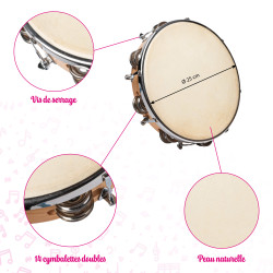 Tambourin |Avec Peau Naturelle | Ø 25 CM | 14 Cymbalettes | Fuzeau