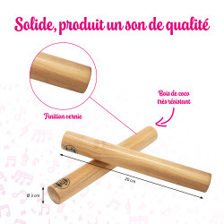 Paires de Claves | 20 cm | Ø 3 cm | Bois de Coco | Fuzeau