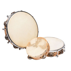 TAMBOURIN AVEC PEAU NATURELLE DIAMETRE DE 25 CM + 14 CYMBALETTES