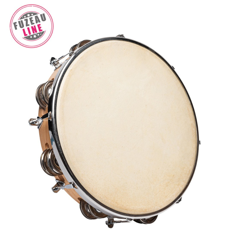 TAMBOURIN AVEC PEAU NATURELLE DIAMETRE DE 25 CM + 14 CYMBALETTES