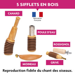 COFFRET DE 5 APPEAUX MANUELS POUR REPRODUIRE LE SON DES OISEAUX DE NOS CAMPAGNES