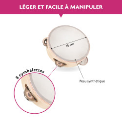 TAMBOURIN AVEC PEAU FIBRE SYNTHETIQUE DE DIAMETRE 15 CM