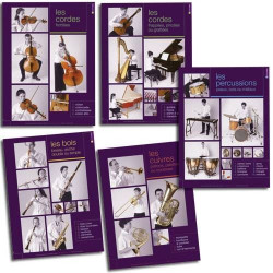 SERIE DE 5 POSTERS PRESENTANT LES FAMILLES D'INSTRUMENTS A CORDES LES BOIS LES CUIVRES ...