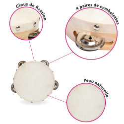 TAMBOURIN EN PEAU NATURELLE DE 15 CM AVEC 8 CYMBALETTES