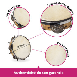 Tambourin | Ø 20 cm | Peau Naturelle | Cymbalettes | Fuzeau Séniors