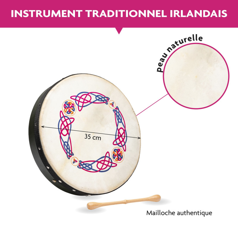 Tamburo Oceano Fuzeau 35 Cm, Strumento Musicale Educativo Per Bambini, Con Perline Interne Che Simulano Il Suono Del Mare