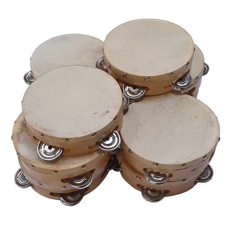 LOT DE 20 TAMBOURINS EN PEAU NATURELLE DE 15 CM AVEC 8 CYMBALETTES